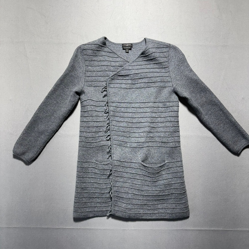 Talbots Petites Gray 100% Merino Wool Ribbed Fringe Wrap Cardigan Sweater Mp